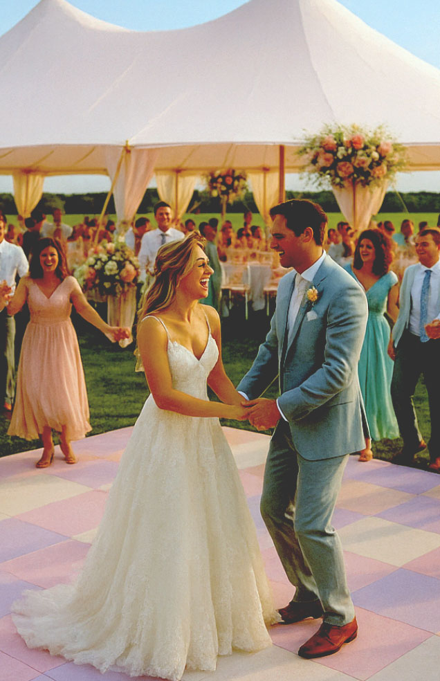 Outdoor wedding reception with bride and groom dancing at Wvec West Valley Events Complex in Phoenix, Arizona.