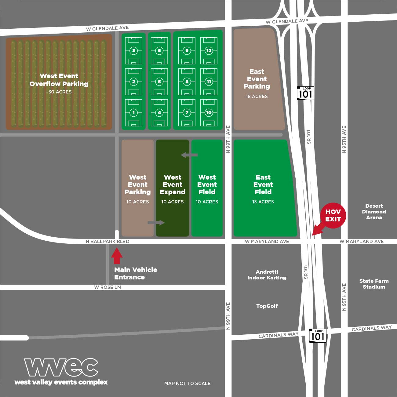 Map of Wvec West Valley Events Complex in Phoenix, Arizona, showing parking areas, event fields, and entrances.